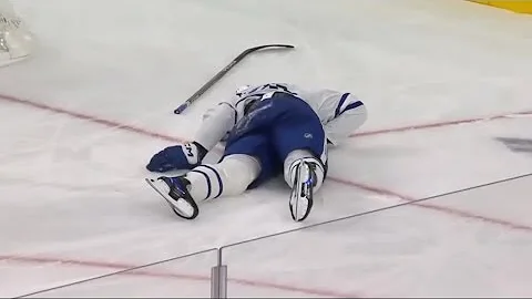 John Tavares gets injured by blocking a 97mph shot...