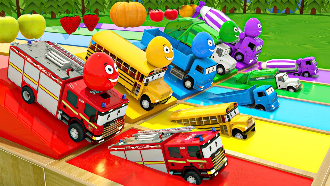 Fire Truck, School Bus & Dump Truck Color Challenge | Nursery Rhymes Baby Shark + Wheels On the Bus