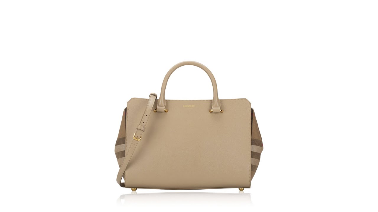Burberry Calfskin Mega Check Banwell Small Tote Chestnut Beige