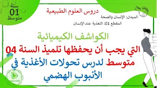 جدول الكواشف التي يحتاجها تلاميذ السنة 04 متوسط في دروس تحولات الأغذية في الأنبوب الهضمي