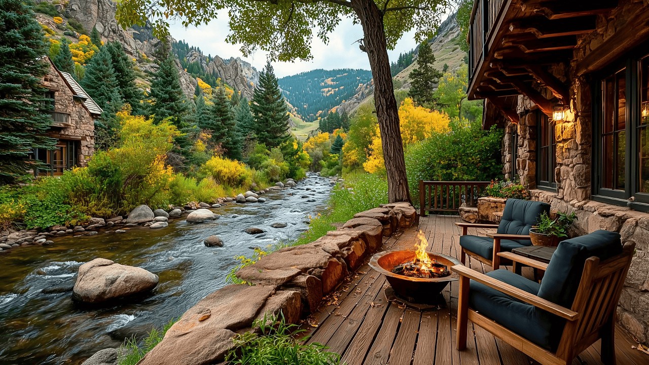 Relaxing Spring Riverside Cabin Porch with Nature Sounds & Campfire Ambience