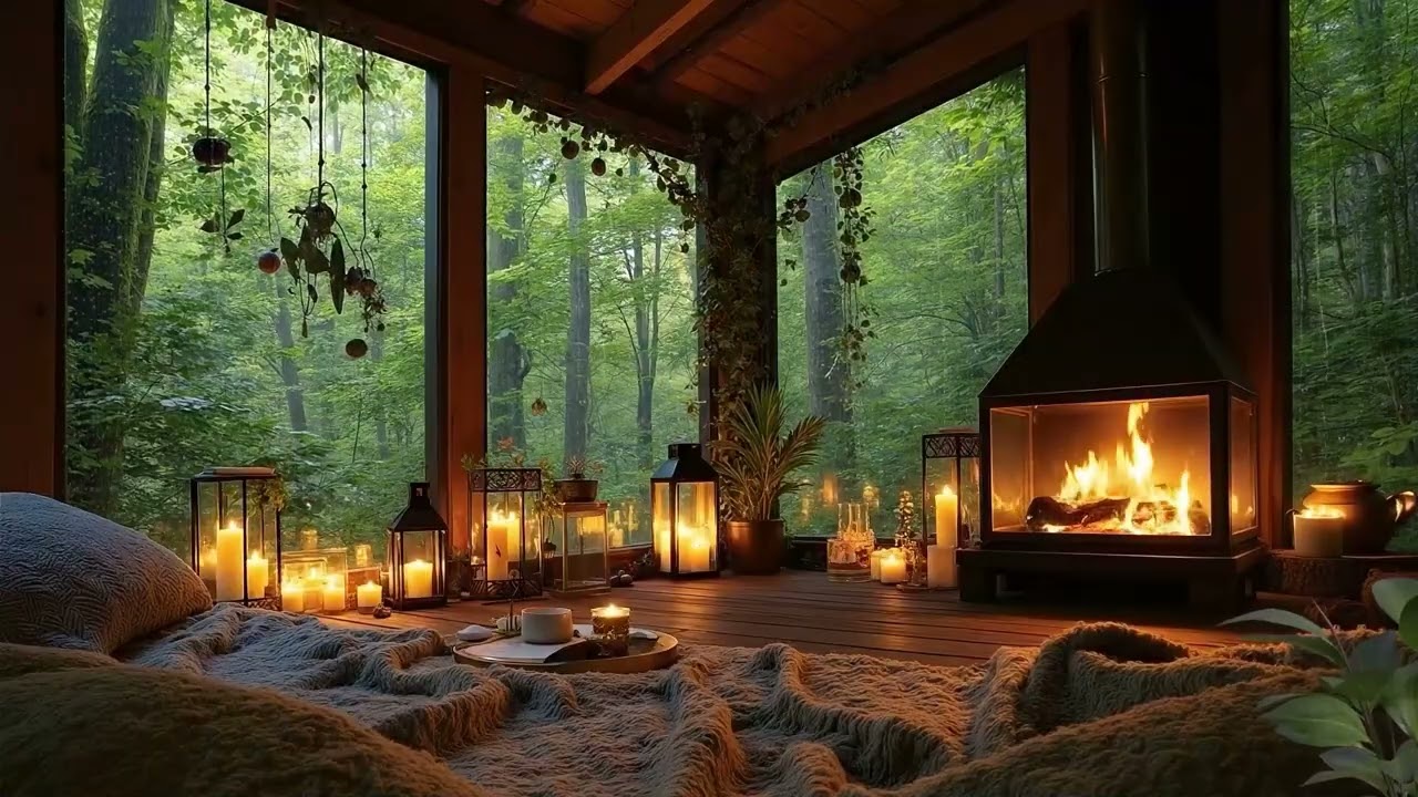 Rainy Cozy Porch Night ✨ Soft Jazz, Fireplace Glow & Rain Sounds for Deep Relaxation