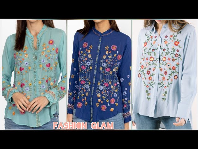 Embroidered ShirtsLadies Casual Wear Embroidery Button Up Long Blouses 