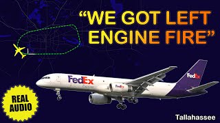 “WE GOT LEFT ENGINE FIRE”. FedEx B757-200 reported engine fire warning after departure. Real ATC