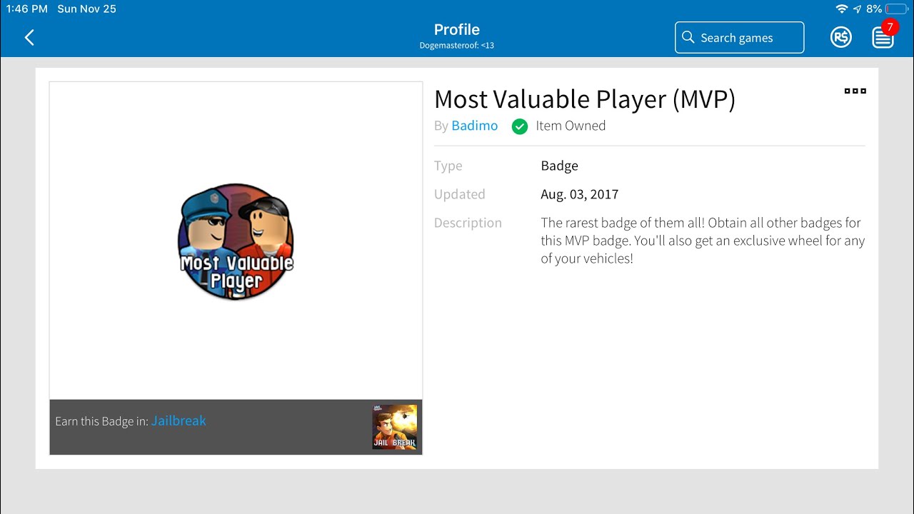 Get The Hardest Badge In Roblox Jailbreak Mvp Badge Youtube - bravo ipavelxo player with most badges on roblox