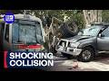 Truck splits in half in collision with train | 9 News Australia