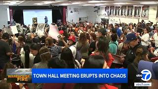 Town hall meeting on Los Angeles warehouse fire erupts into chaos