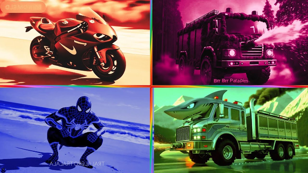 RED BIKE 🆚 PURPLE Brr Brr PataPim TRUCKBLUE SPIDER 🆚 GREEN SHARK TRUCK |Tiles Hop EDM
