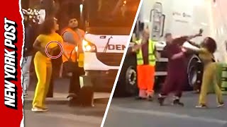Angry Woman RIPS Wipers Off Garbage Truck, Brawls with Workers