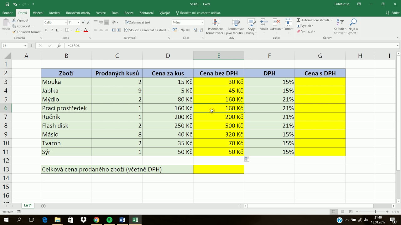 Vzorec na výpočet dph v exceli