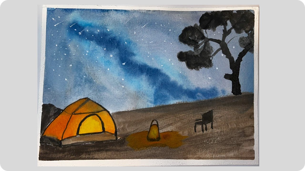 Watercolor Landscape Painting –Starry Night Camping