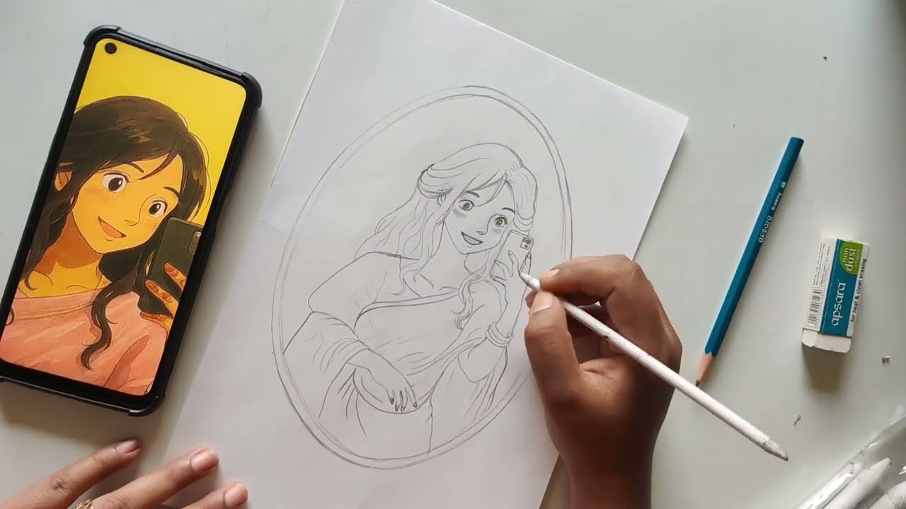 How to draw a girl taking a mirror selfie. Easy girl drawing. Full video drawing tutorial. 