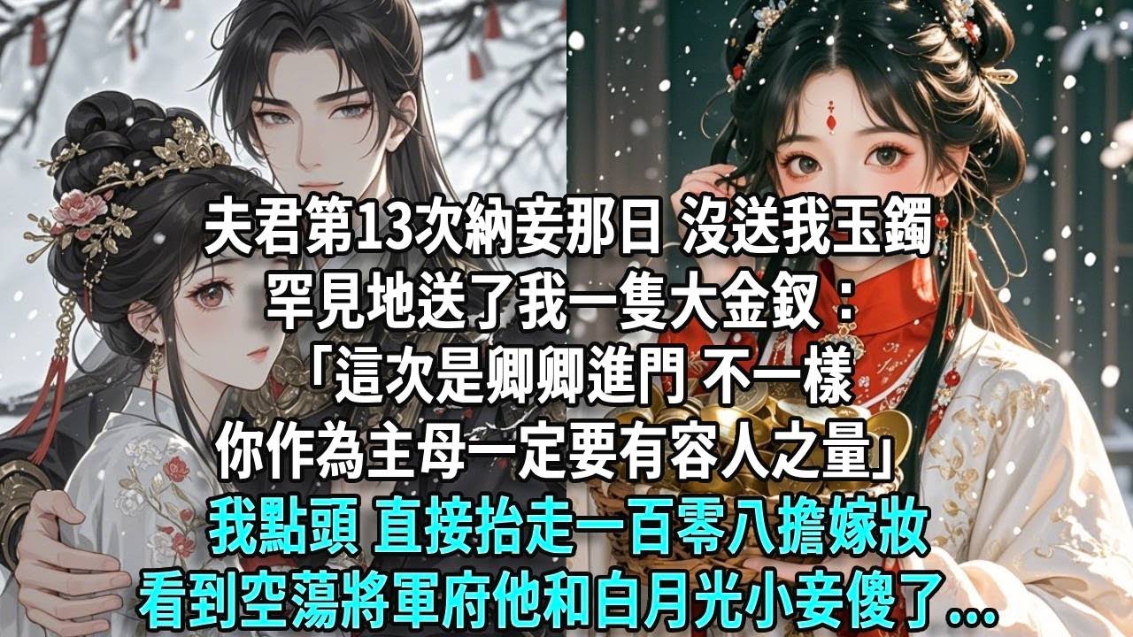 夫君第十三度納妾那日，沒送我玉鐲，罕見地送了我一隻大金釵：「這次是卿卿進門不一樣，你作為主母一定要有容人之量」我點頭，直接抬走一百零八擔嫁妝，看到空蕩將軍府他和白月光小妾傻了...