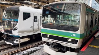 E257系2000番台ｵｵNA-02編成が回送電車として警笛を鳴らして東京駅8番線を発車するシーン（2023.6.5.8:05）