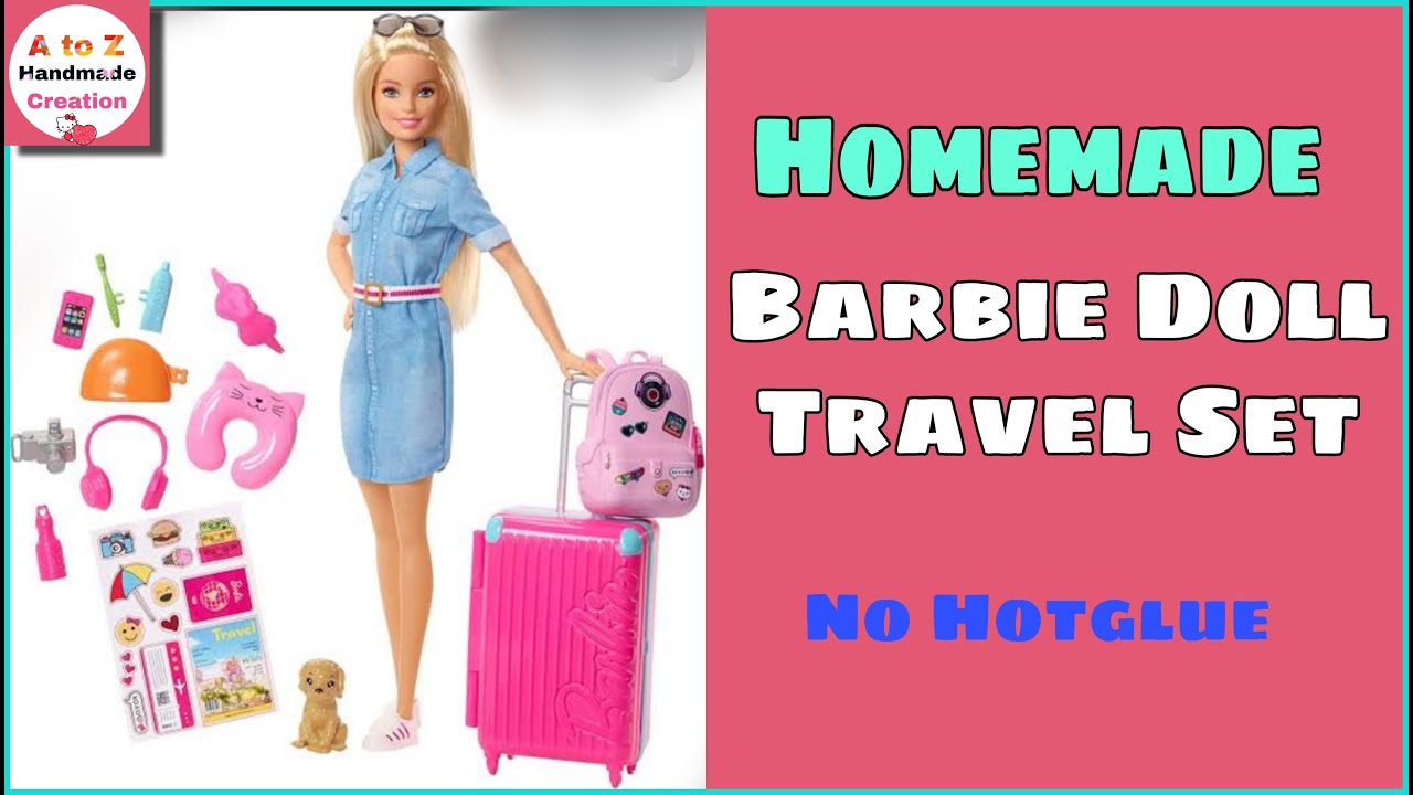 Barbie Doll Travel Themed Set Puppy Luggage 10 Accessories Multicolour Pillow 