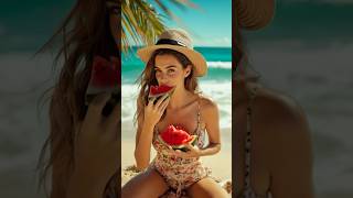 ASMR AI women eats juicy fruits on the beach #shorts #asmr