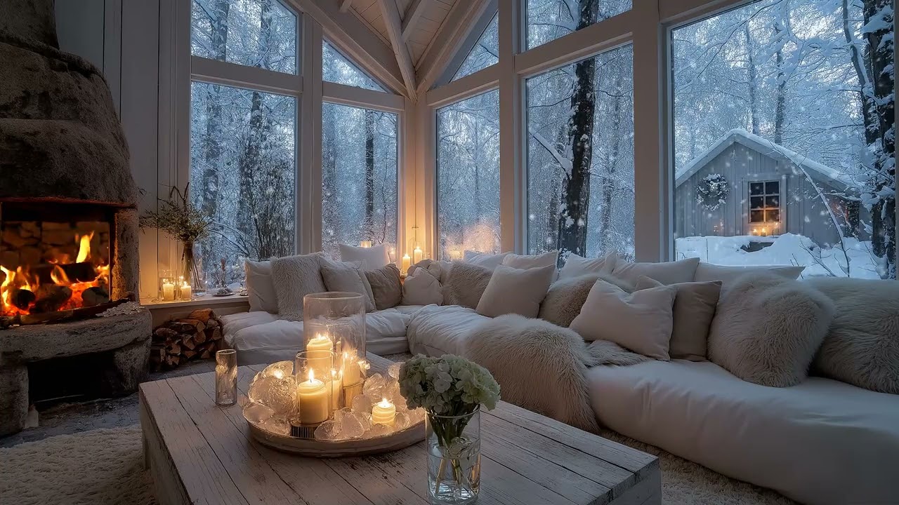 🎹Warm Fireplace Piano | White Lounge Winter Snow · 3 Hours | Rest the Mind Stress Relief Focus Study