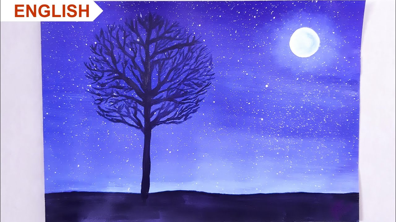 Night Sky with Tree Painting Tutorial with Acrylic Colours ⬥ English