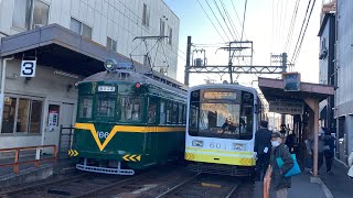 阪堺電車モ161形66編成(V字塗装)我孫子道止、モ601形1編成(新大阪建設RP)天王寺駅前行き発着発車シーン