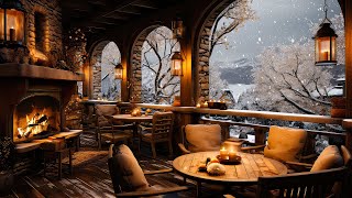 Cozy Winter Balcony Coffee Shop Ambiance ☕ Relaxing Smooth Jazz Background Music With Snowy Sky