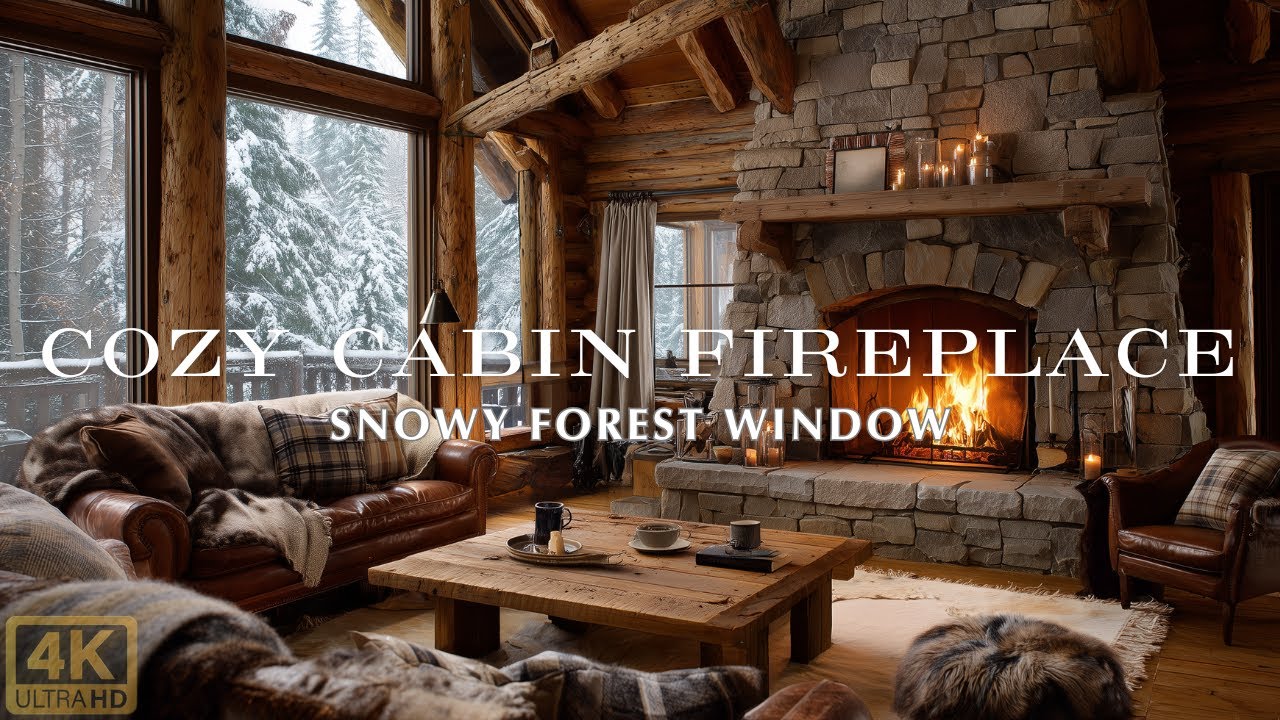 Cozy Cabin Fireplace Ambience 4K (3 Hours) | Snowy Forest Window + Crackling Fire (No Music)