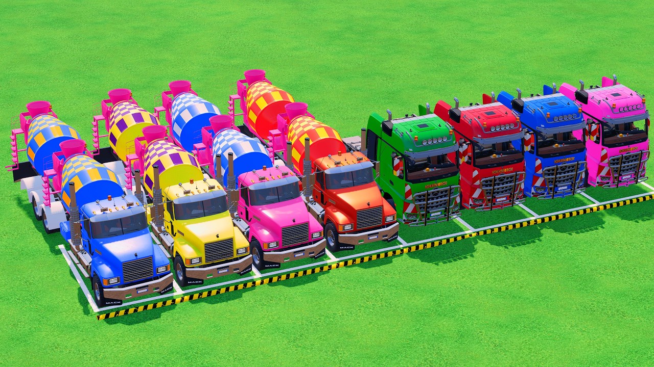 Trucks With COLORS - TRANSPORTING MIXER TRUCK and TRUCK with FLATBED TRAILER TRUCK #23