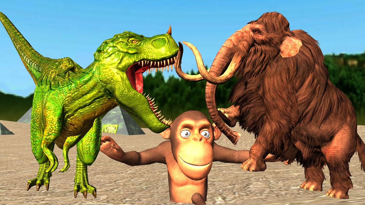 Woolly Mammoth Elephant vs T-Rex Dino vs Funny Monkey Epic Battle for Animal Territory Wild Animals
