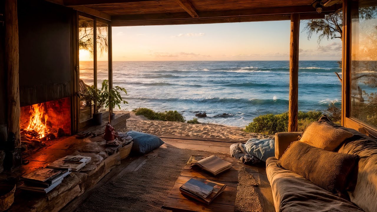 Cozy Seaside Cabin at Sunset 🌊Ocean Waves & Crackling Fireplace Ambience for Deep Sleep & Relaxation
