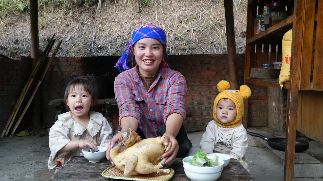Harvesting giant radishes to sell at the market - cooking chicken for the two children to eat