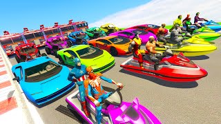 Homem Aranha e Herois Epic Desafio - Sportcars Jet Skis Fire Truck Spiderman Race Challenge GTA V