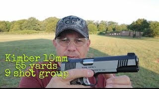 10mm Kimber, 55 yards offhand group.