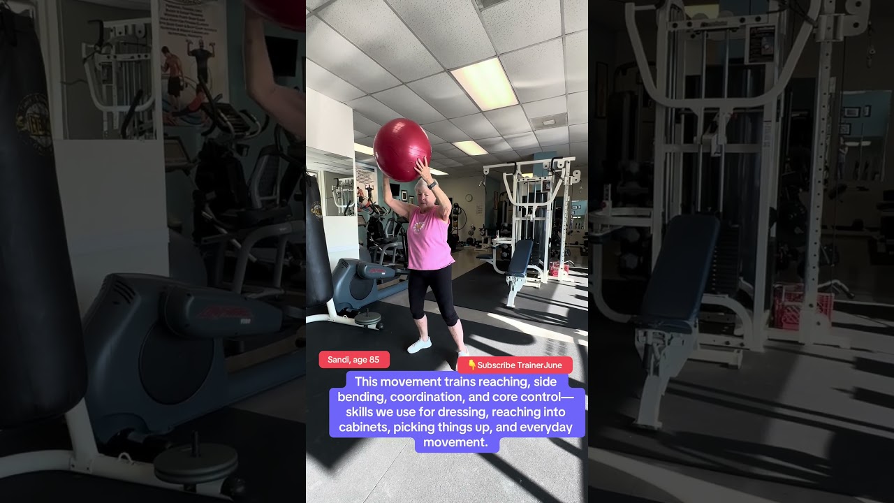Exercise for 80+: Overhead Ball Side Reach to Knee #trainerjune