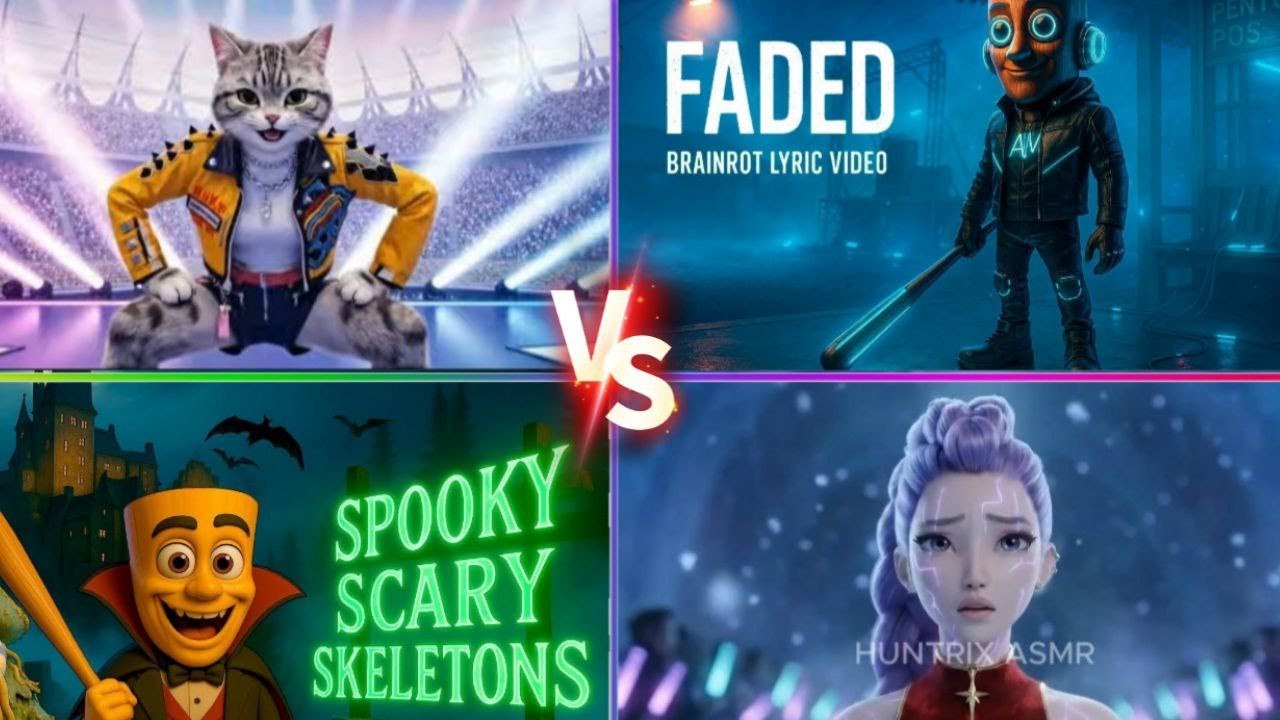 Epic AI Showdown: Rockstar Cat vs Faded Cyborg and Spooky Skeletons in a Neon Arena Battle