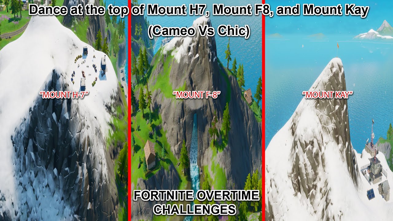 Fortnite Dance At The Top Of Mount Kay Dance At The Top Of Mount H7 Mount F8 And Mount Kay Fortnite Cameo Vs Chic Overtime Challenges Youtube