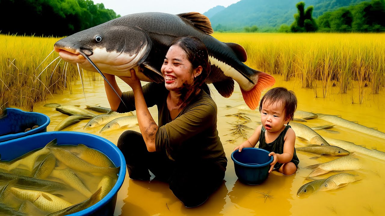 How to Catch Giant Fish After Heavy Rain | Selling at the Market with My Children