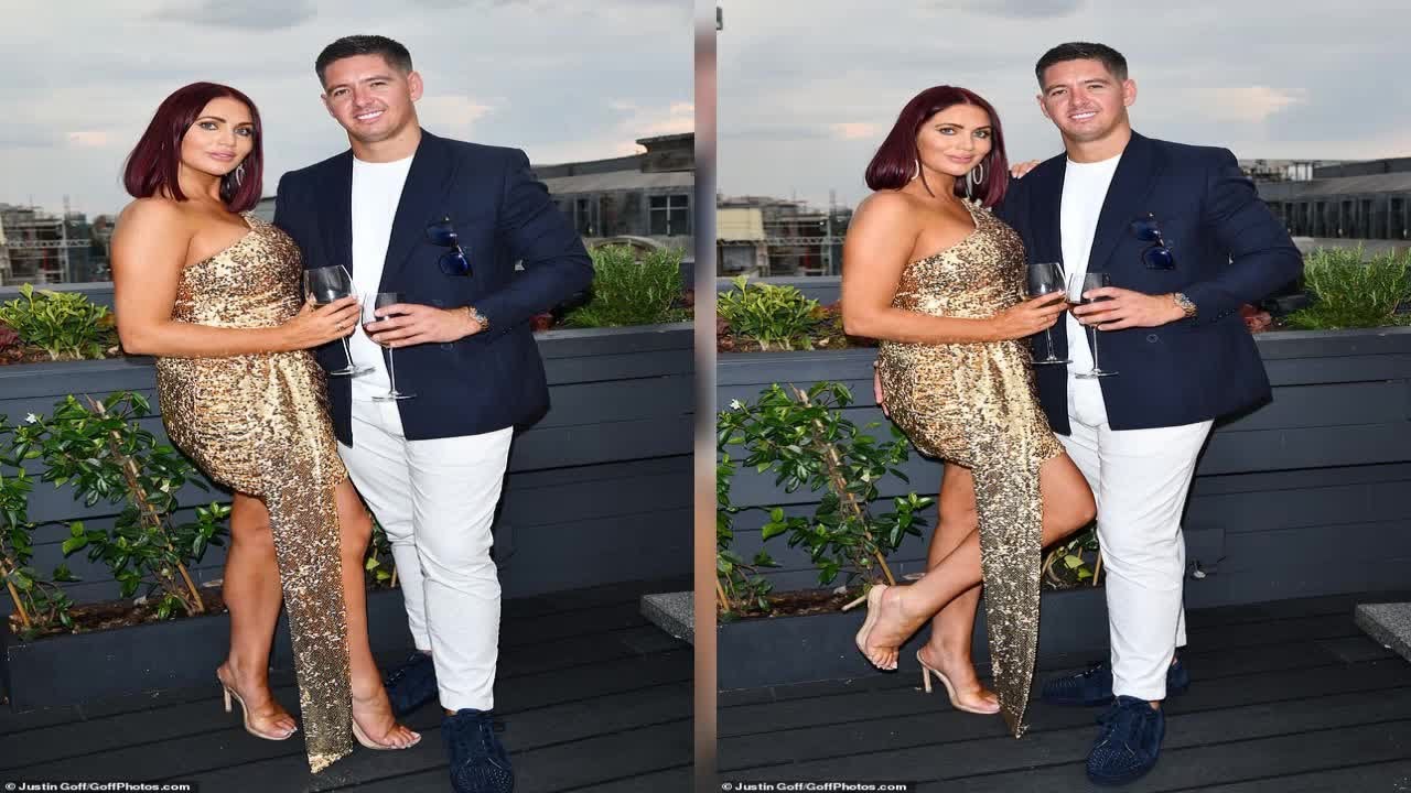 Loved-up Amy Childs shares a kiss with her boyfriend Billy Delbosq as she dazzles in a gold sequinne