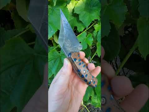 Custom Presentation grade hitch hiker mini bowie. Polished san mai damascus with banksia pod scales