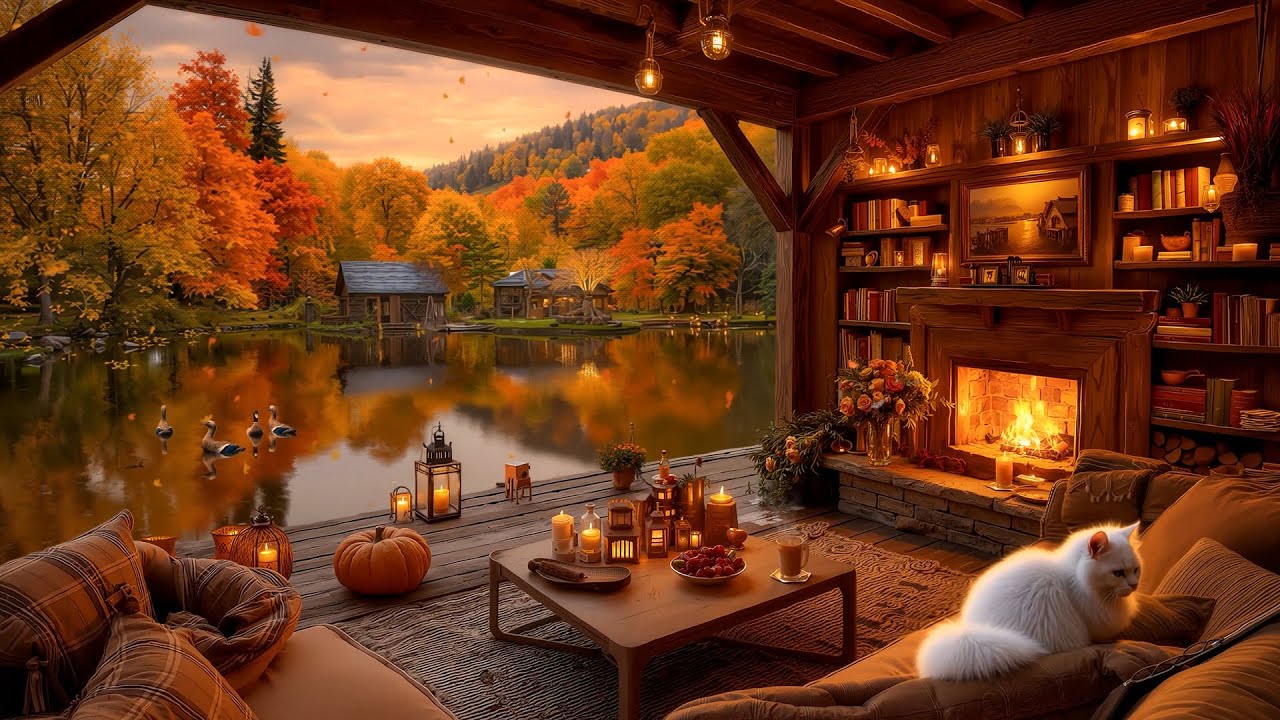 Cozy Fall Porch Ambience by the Lake 🍂 | Warm Fire Crackles & Peaceful Piano Melodies for Relaxation