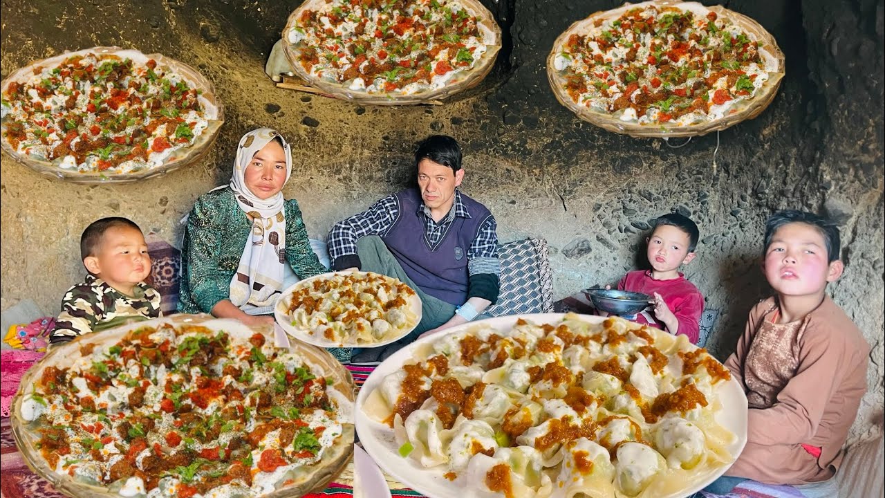 Village Survive / Living in the Cave/ Cooking  Traditional Food ( Ashak)  in the Cave 