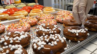 Chocolate Donuts with Various Toppings Made by Donut Machine / 초콜릿 도넛 / Korean Street Food