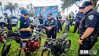 𝗘‑𝗕𝗜𝗞𝗘 𝗖𝗥𝗔𝗖𝗞𝗗𝗢𝗪𝗡: Santa Monica Police Impound 12 Sur-Ron–Style Bikes at Beach Charging Station