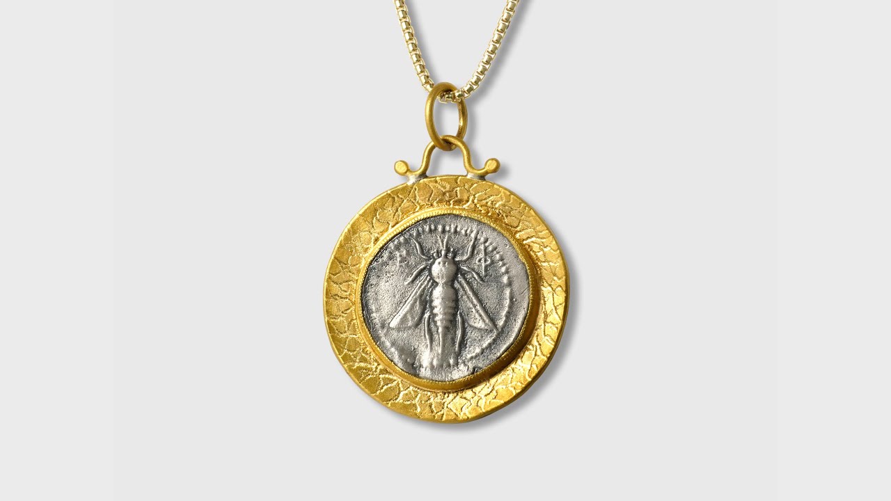 Gold-Framed, Ancient, Ephesus, Queen Bee, Tetra Drachm, Coin Replica Charm Pendant 24K Gold & Silver
