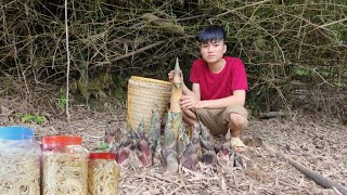 Boy chops giant bambooshoots, processes and sellsthem, everyday life