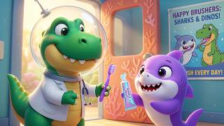 Friendly Baby Shark Dentist Visit with T-Rex Shiny Teeth Health Habits Kids Nursery Rhymes