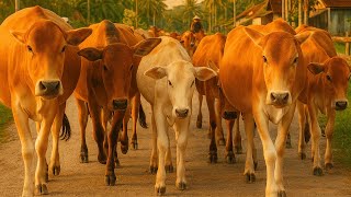 Kerumunan Sapi Lembu berlarian dan melompat di ladang hijau luas, Suara Sapi Moo, Sapi Lucu Di Sawah