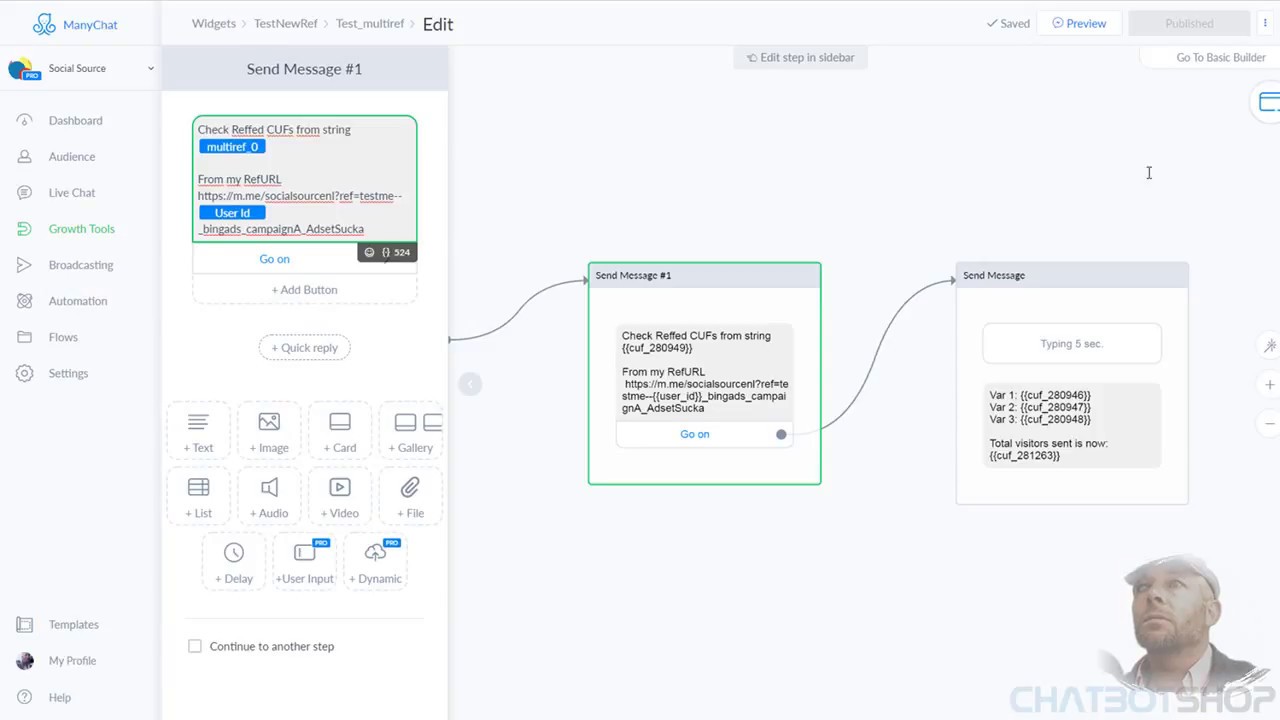 Use the ManyChat RefURL Growth tool with large strings and Split them into seperate Custom Fields