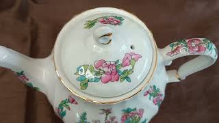 Vintage Sadler Indian Tree Pattern Teapot Pink Blue Flowers. Gilding. Hand Signed. 22cm
