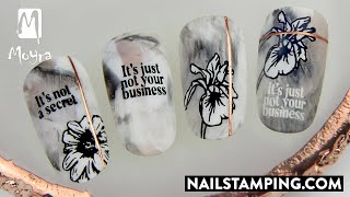 Floral and inscripted nail art idea on marble base (nailstamping.com)