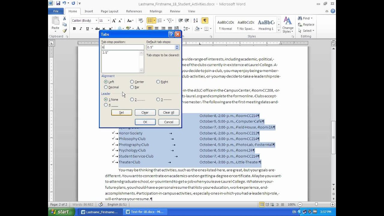 Activity 1.21: Modifying Tab Stops