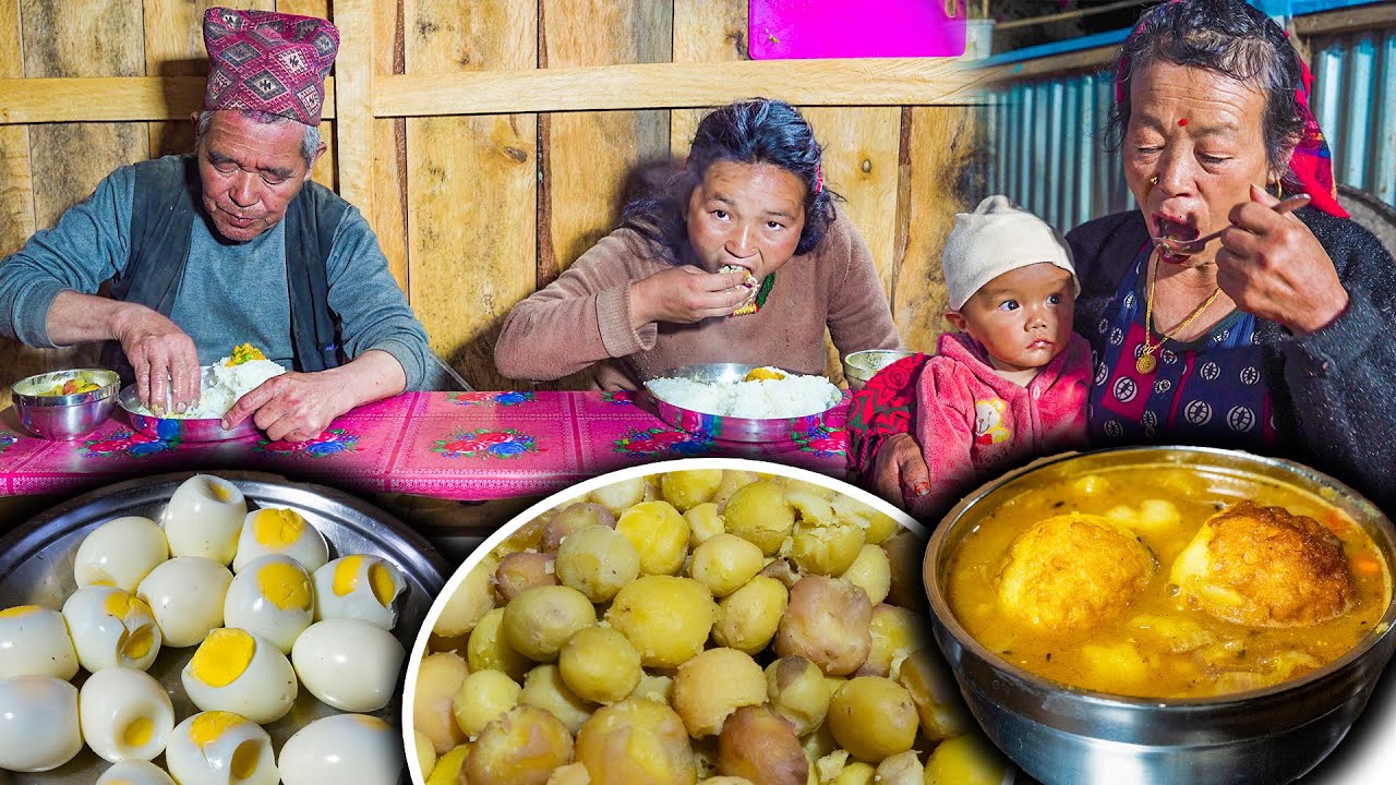 Egg & Potato curry cooking & Eating in Village Style || egg curry gravy || nepali village vlog